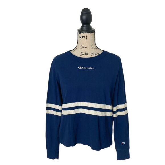 Champion Navy Blue Striped Long Sleeve Athletic Top | Size M | Logo Crewneck Tee - Picture 1 of 5